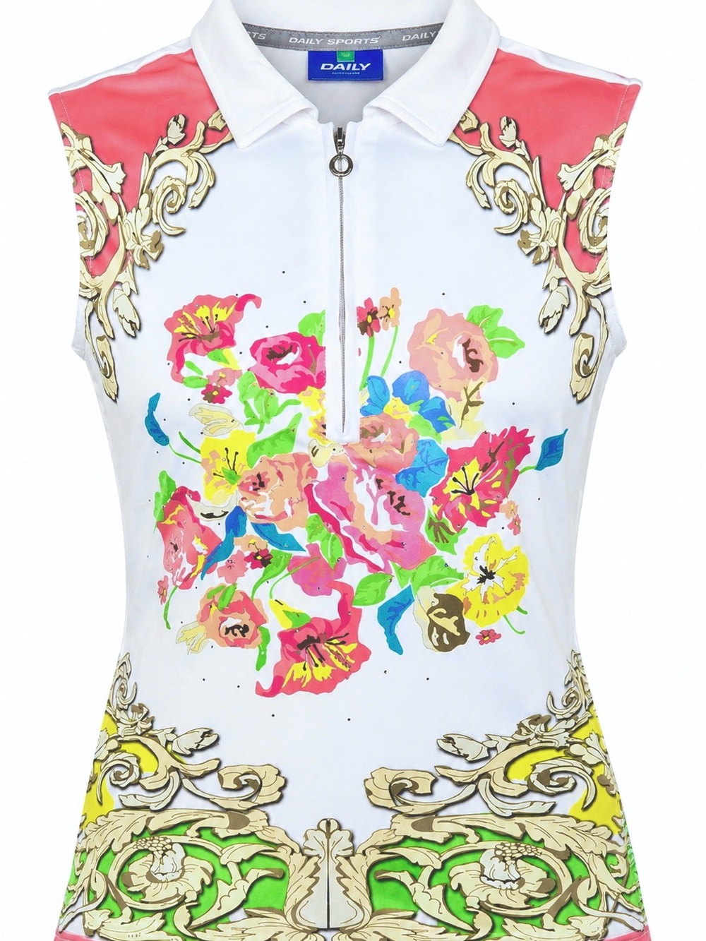 DAILY SPORTS Women White Sleeveless Golf Polo Colorful Florals & Rhinestones - S